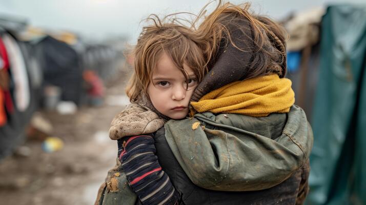 ai generated war immigrant mother comforting her child in a camp shelter free photo